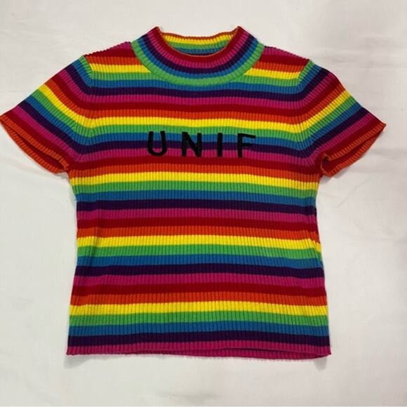 Unif Over the Rainbow Ribbed Logo Streetwear Colorful Mock Neck Crop Top Size XS - Picture 1 of 7